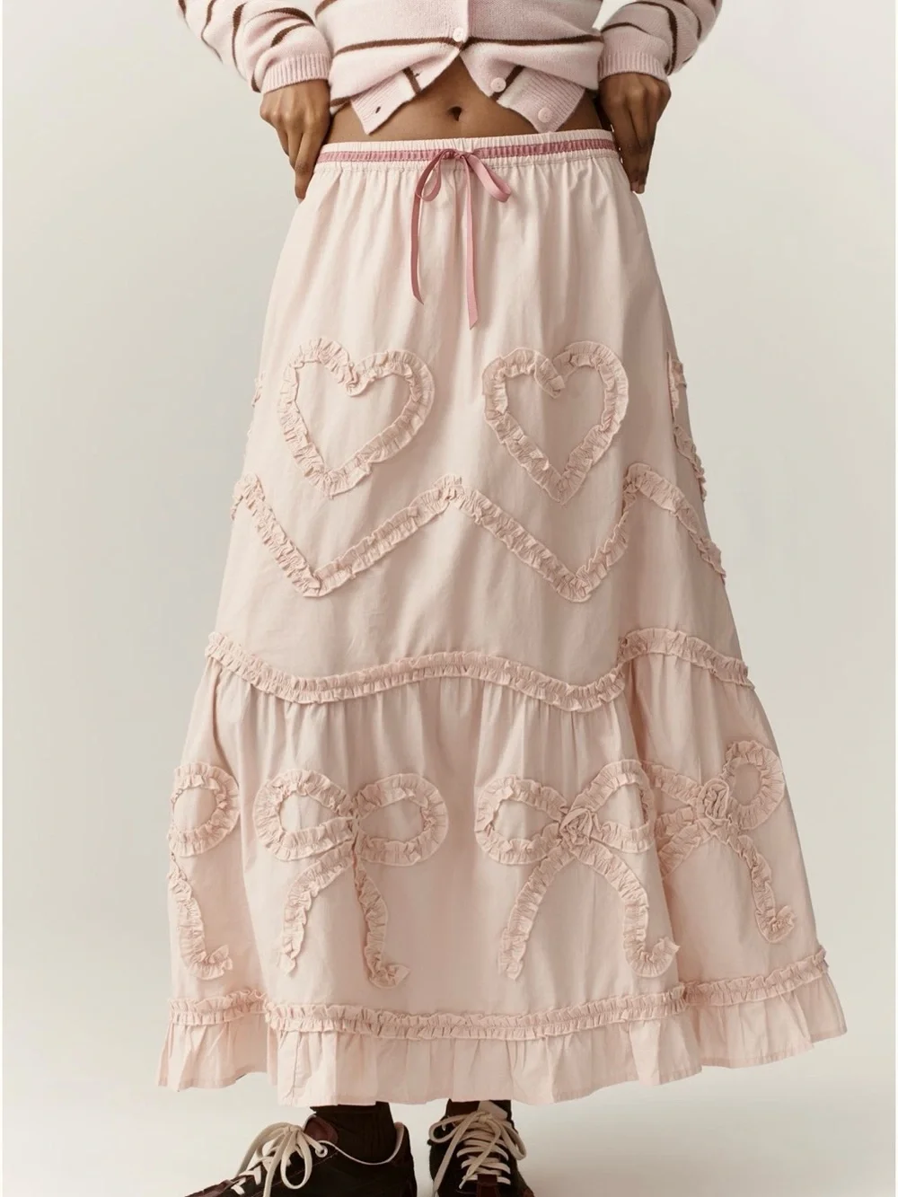 Anthropologie Women's Pale Pink Ruffle Heart Maxi Skirt